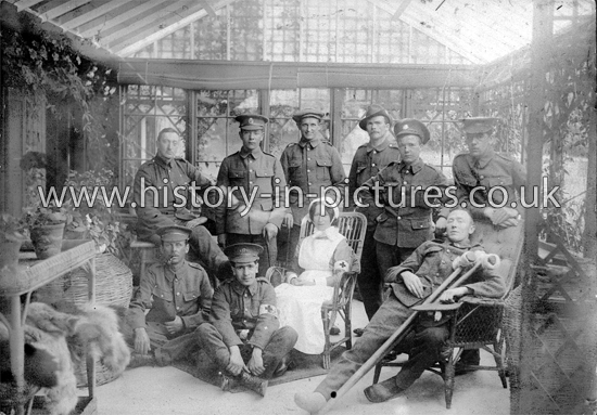 Wounded Soildiers in the Summer House, St John's Hospital, Weston Favell, Northamptonshire. c.1916.